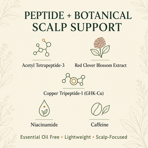 Key ingredients in Garden of Wisdom Follicle Stimulator including Acetyl Tetrapeptide-3, Red Clover, Copper Tripeptide-1, Niacinamide and Caffeine