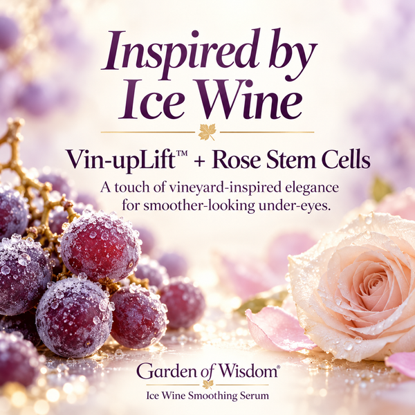 Garden of Wisdom Vin-upLift Ice Wine Smoothing Serum graphic highlighting botanical ingredients and smoother-looking skin.