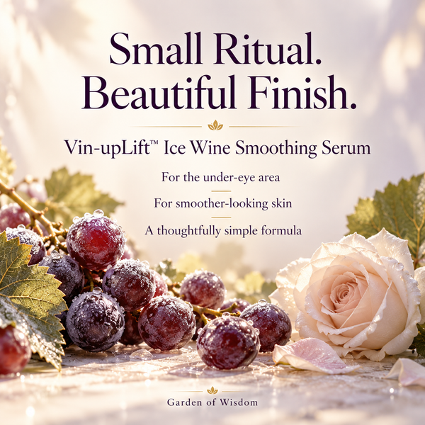 Garden of Wisdom Vin-upLift Ice Wine Smoothing Serum promotional graphic featuring frosted grapes and roses with a message about smoother-looking skin.