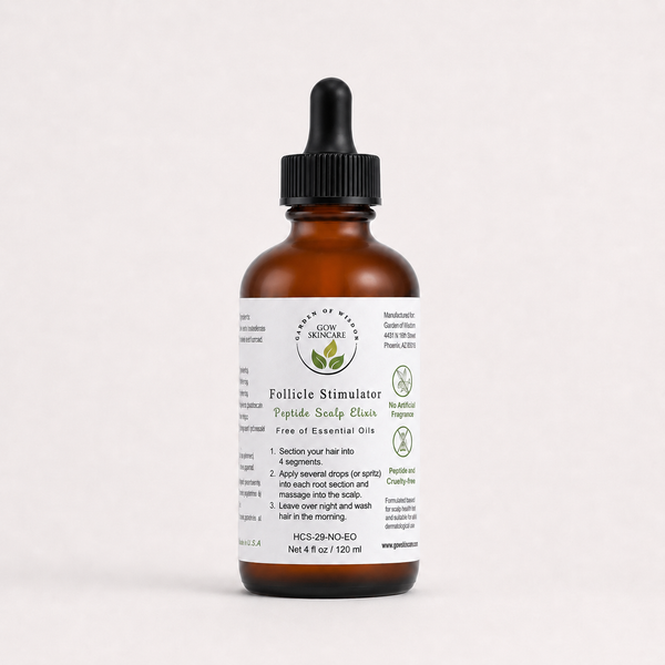 Garden of Wisdom Follicle Stimulator Peptide Scalp Elixir in a 4-ounce amber glass dropper bottle