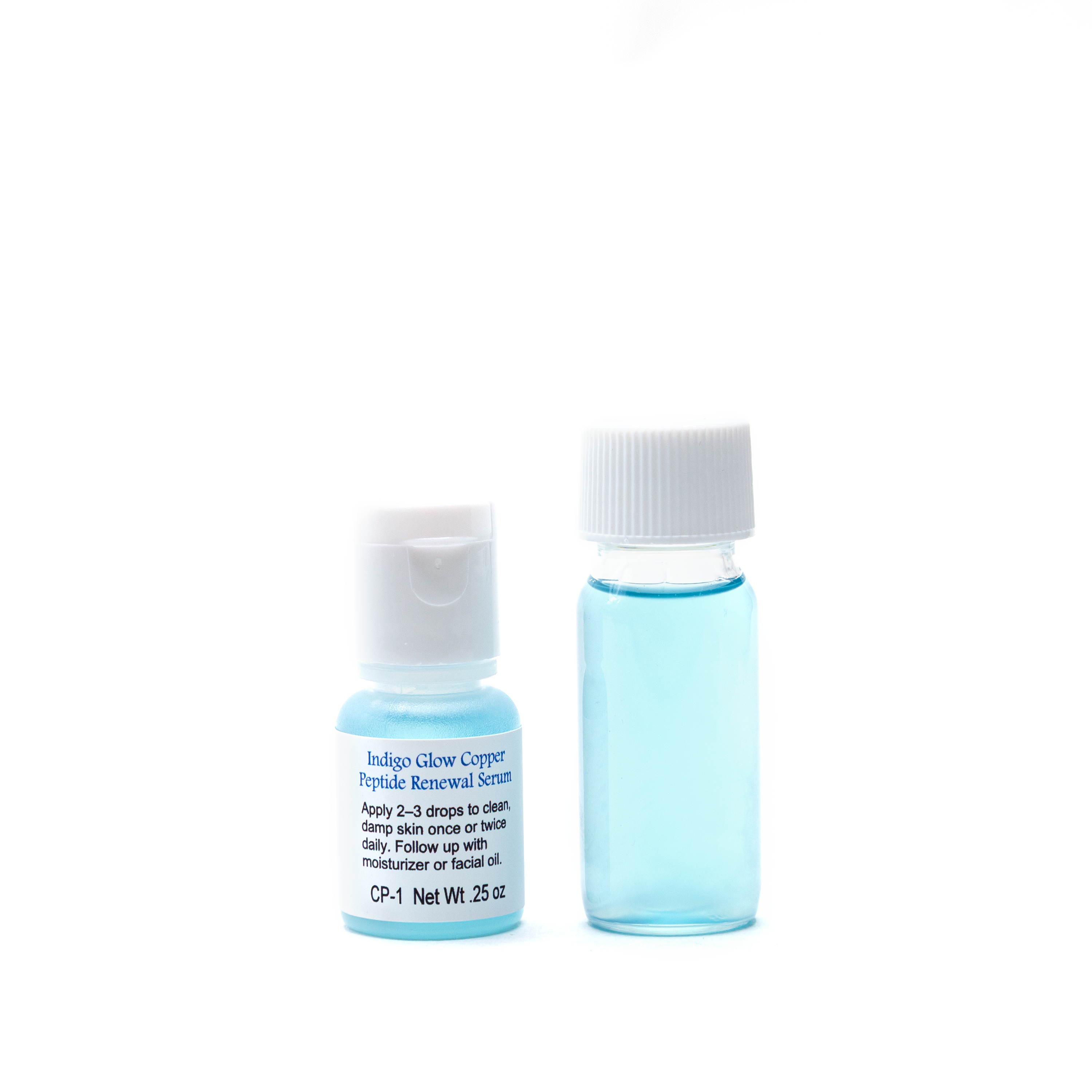 Indigo Glow Copper .2% Peptide Renewal Serum .25 Natural Plastic Bottle with White Flip Cap and Seal Indigo Glow Copper .2% Peptide Renewal Serum .25 Natural Plastic Bottle with White Flip Cap and Seal